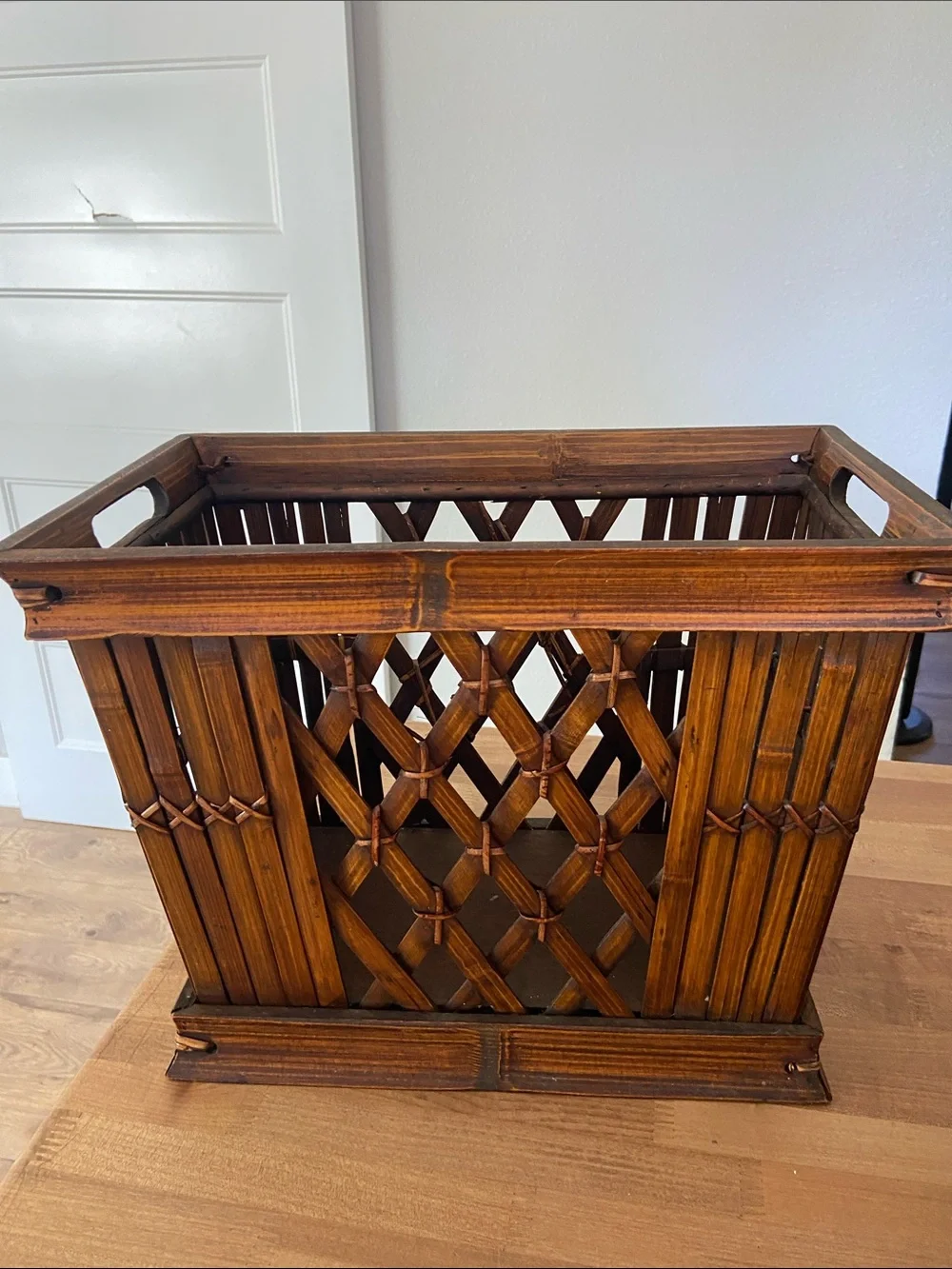 Bamboo Rattan Magazine Rack Lattice Storage Basket Boho Decor